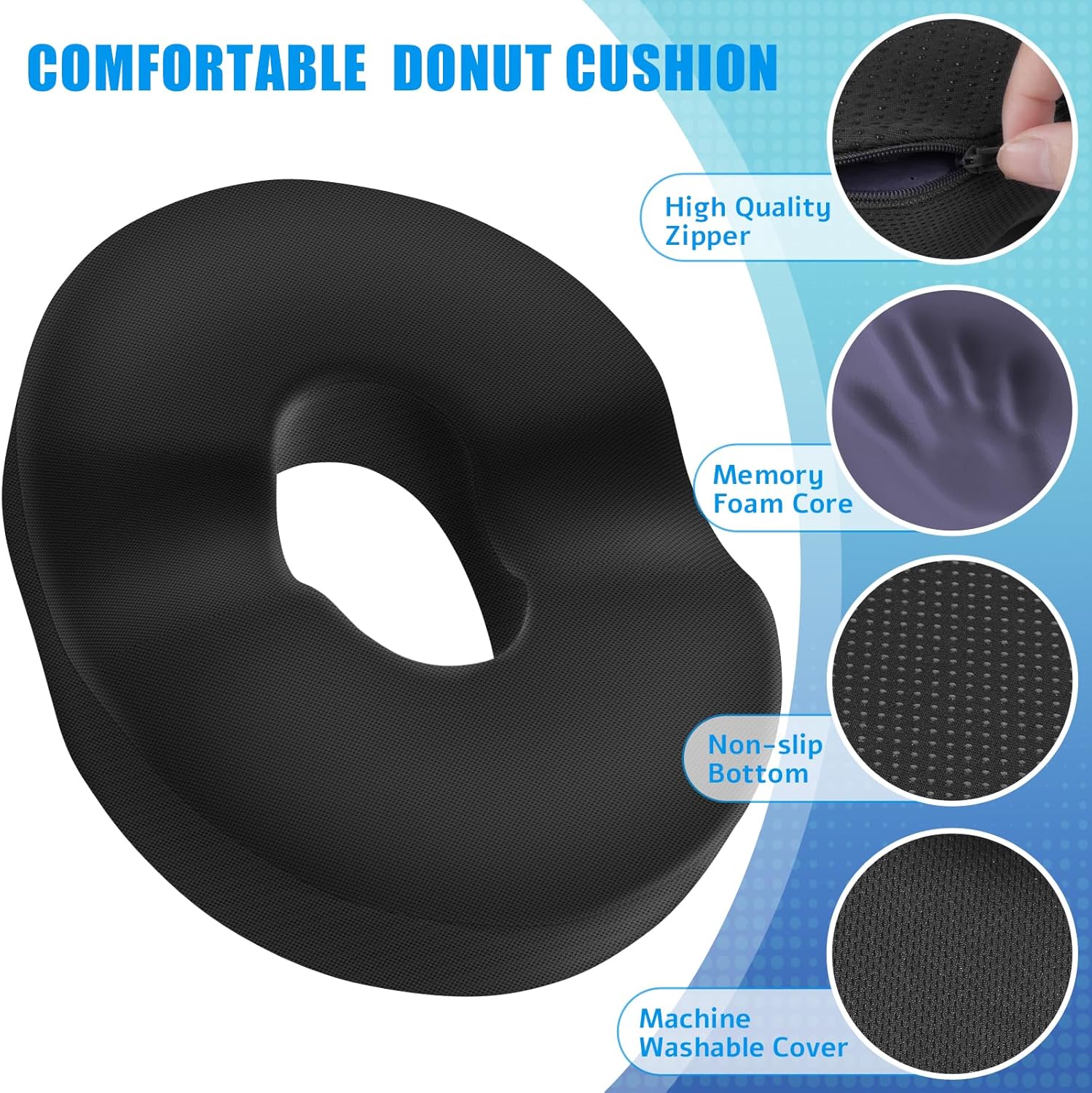 Donut Pillow Seat Cushion,Donut Chair Cushions for Postpartum Pregnancy & Hemorrhoids,Tailbone Pain Relief Cushion,Memory Foam Lifting Cushions for Office&Home Chairs (Black) - Image 4